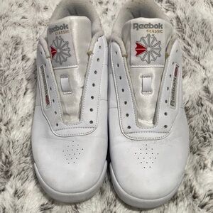 90s style Reebok White Leather Sneakers with Red Logo Accents